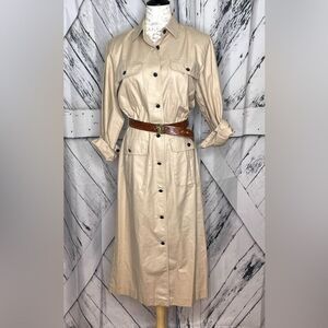 Vintage 80s Strawbridge Clothier Khaki Shirt Dress Long Sleeves L